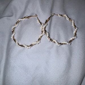 Elegant Gold and White Pearl Hoop Earrings